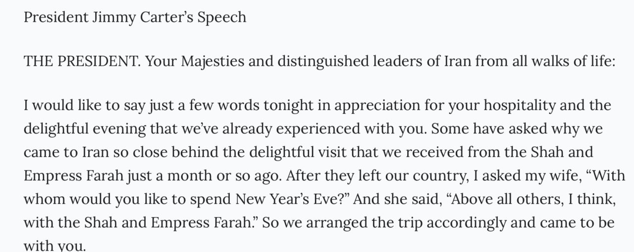 US President Carter's Speech in Iran New Year's Eve 1977
