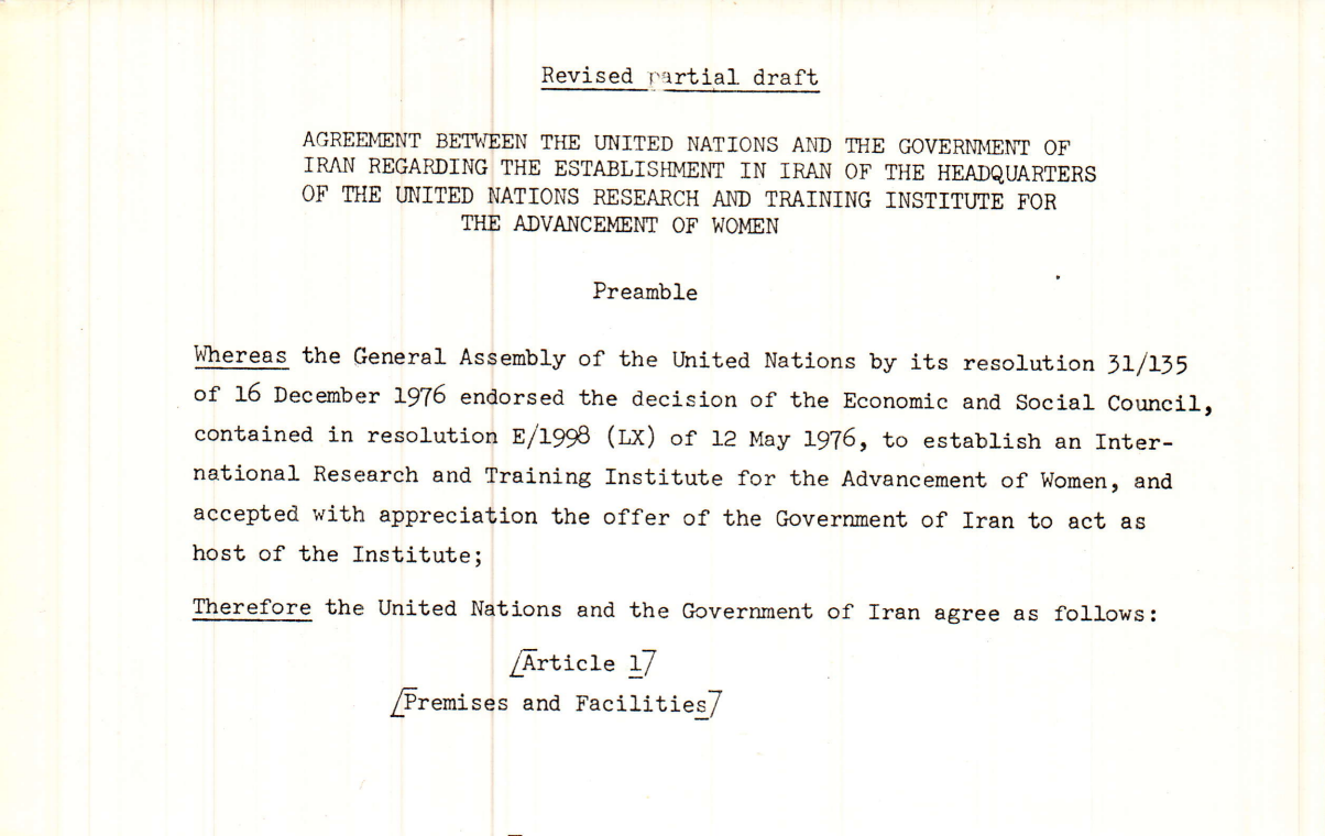 Agreement Between the UN and Iran Regarding the Establishment in Iran of the Headquarters of the UN Research and Training Institute for the Advancement of Women (INSTRAW)